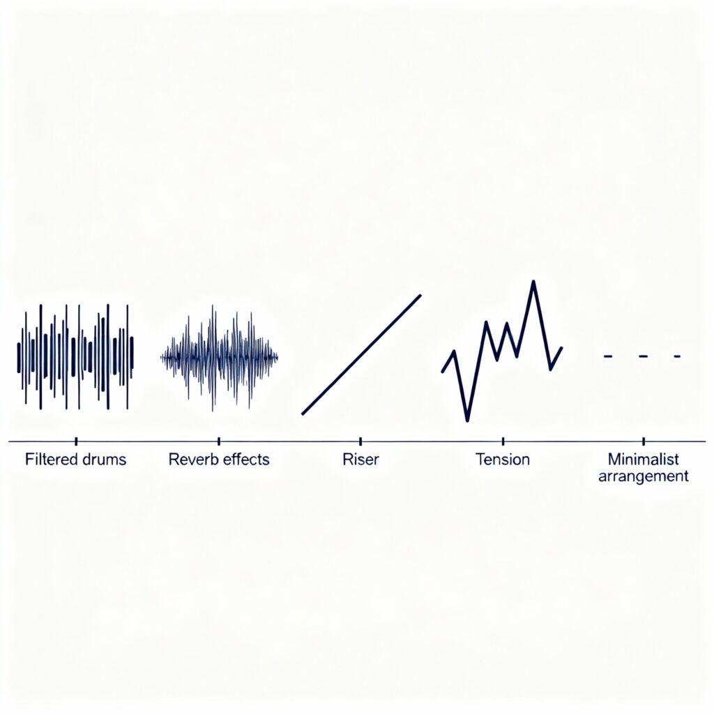 Visual representation of a techno track structure, highlighting the energy drop during a breakdown and the build-up to the climax.