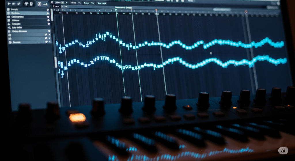 A close-up of a DAW piano roll editor showing a hypnotic arpeggio pattern, essential for melodic techno production.