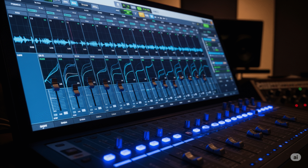 Digital audio mixer interface with glowing faders and EQ curves, illustrating the mixing and mastering process for a melodic techno track.