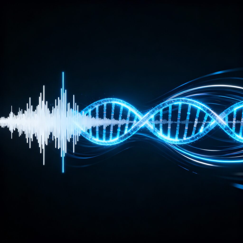 An abstract image of a glowing blue soundwave twisting into a DNA helix, representing a unique sonic identity for a music producer.