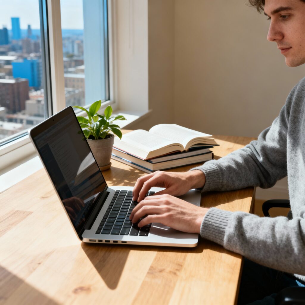 The Art of Submission: How to Email Record Labels and Get a Reply 1 A producer thinking about how to email record labels, with a laptop showing a well-written demo submission email.