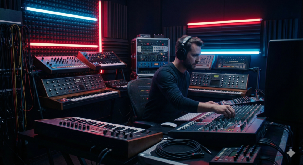 Hard Groove Techno: The Ultimate Production Guide (Workflow & Sound Design 2026) 1 A professional music producer working on a hard groove techno track in a high-tech studio with analog synthesizers.