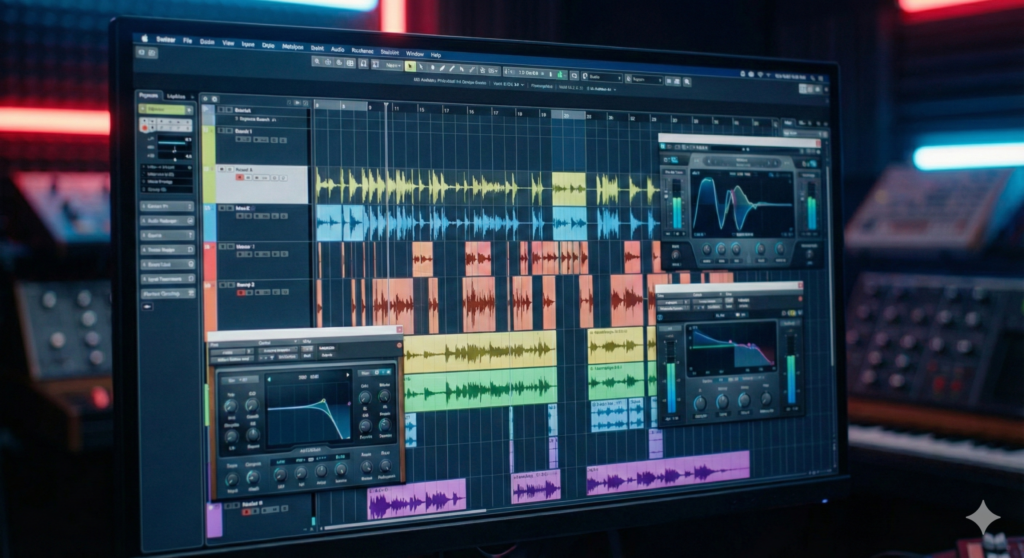 Hard Groove Techno: The Ultimate Production Guide (Workflow & Sound Design 2026) 2 Detailed view of a Digital Audio Workstation screen showing complex audio waveforms and glitch processing plugins.