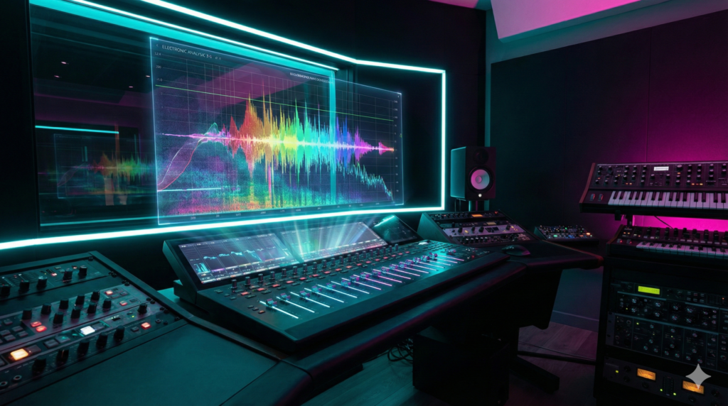 Futuristic music production studio with holographic spectral analysis representing music production trends 2026.